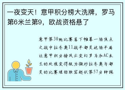 一夜变天！意甲积分榜大洗牌，罗马第6米兰第9，欧战资格悬了