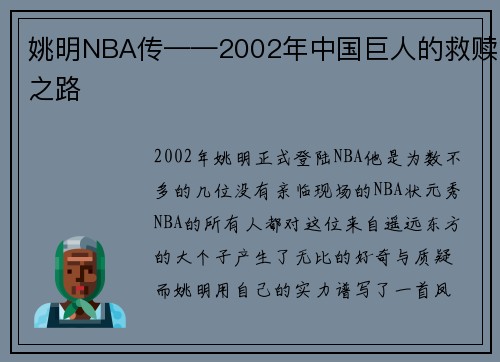 姚明NBA传——2002年中国巨人的救赎之路