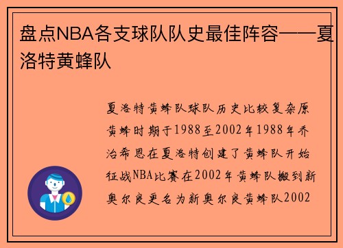 盘点NBA各支球队队史最佳阵容——夏洛特黄蜂队