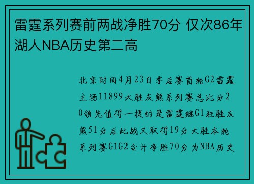 雷霆系列赛前两战净胜70分 仅次86年湖人NBA历史第二高